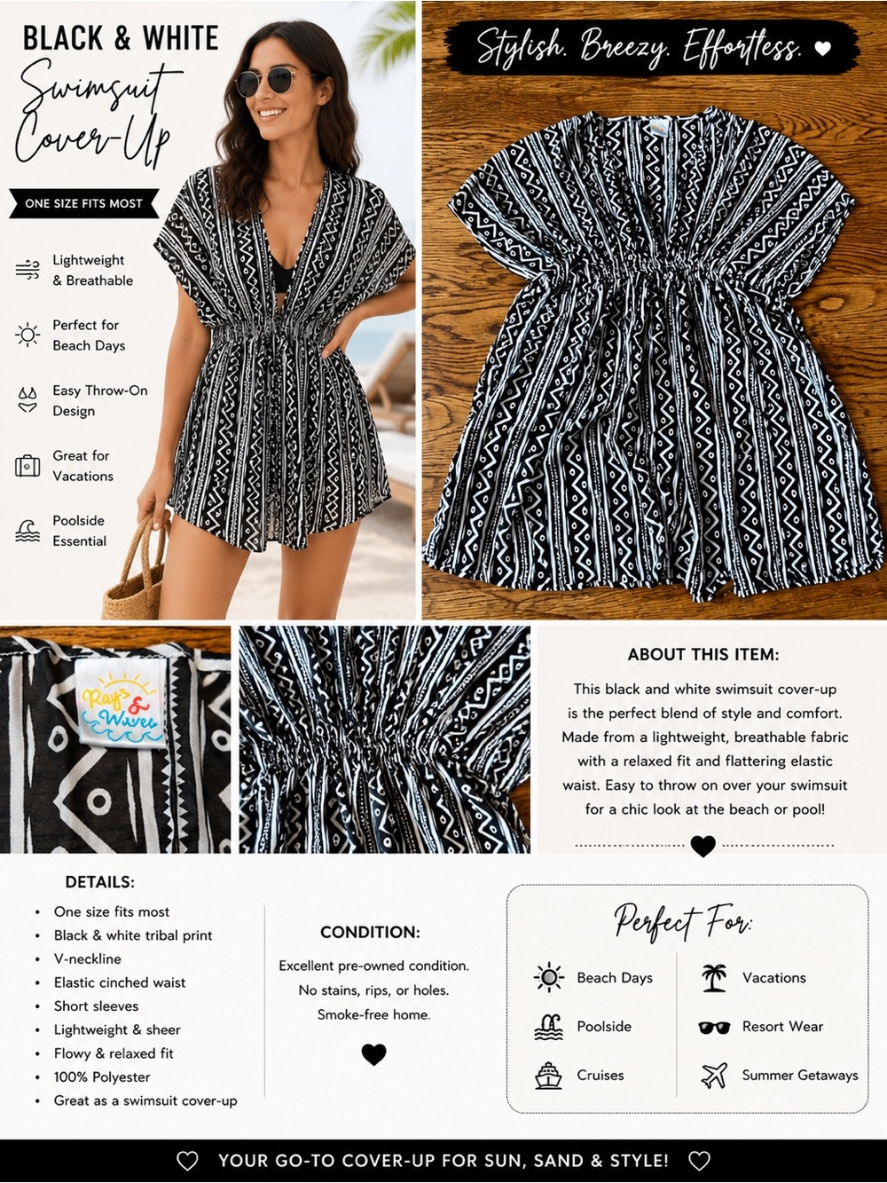 Rays & Waves Black & White Swimsuit Cover-Up | One Size Fits Most